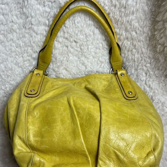 ABRO leather Hobo yellow shoulder bag with silver tone hardwares. - Picture 2 of 9